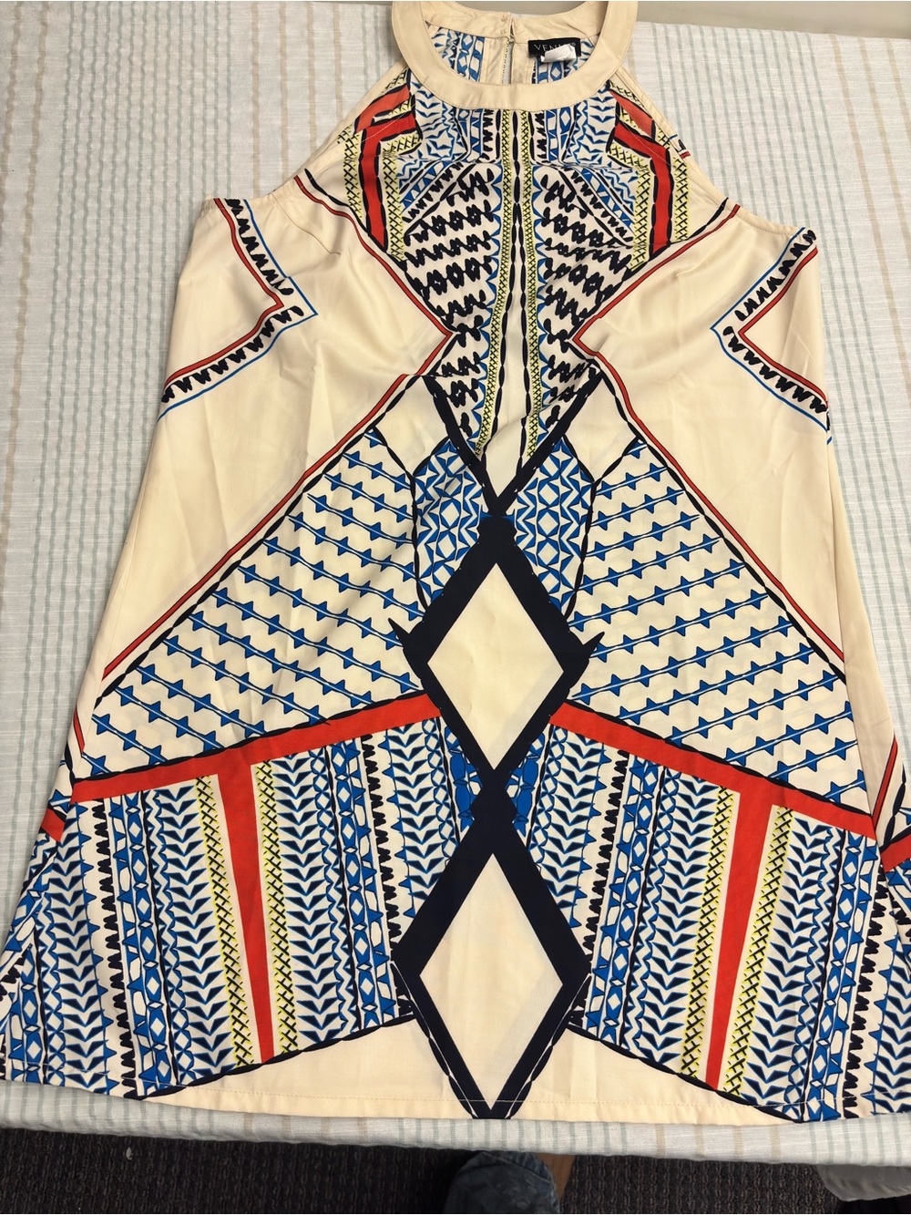 VENUS Cream Halter Midi Dress with Blue, Red and Black Geo Print